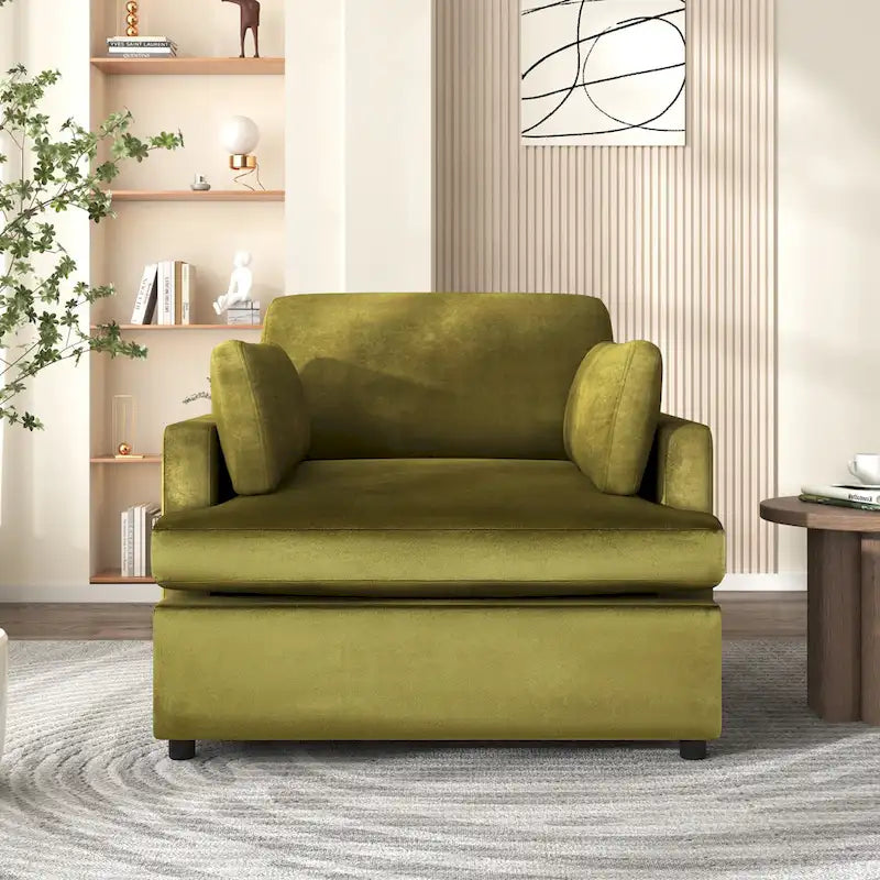 Green 37 Accent Chair with Plastic Legs and Decorative Pillows