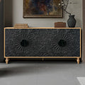 Black+Natural 62.99 Accent TV Stand with Carved Doors, Shelf, and Solid Wood Legs