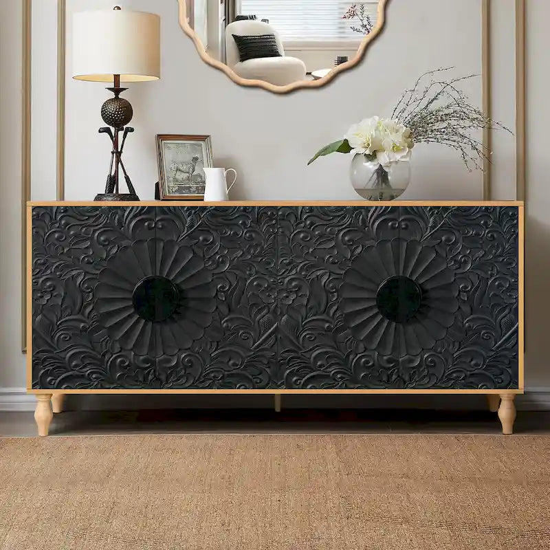 Black+Natural 62.99 Accent TV Stand with Carved Doors, Shelf, and Solid Wood Legs