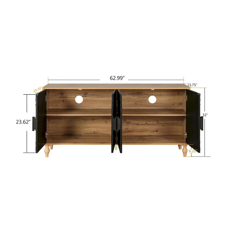 Black+Natural 62.99 Accent TV Stand with Carved Doors, Shelf, and Solid Wood Legs