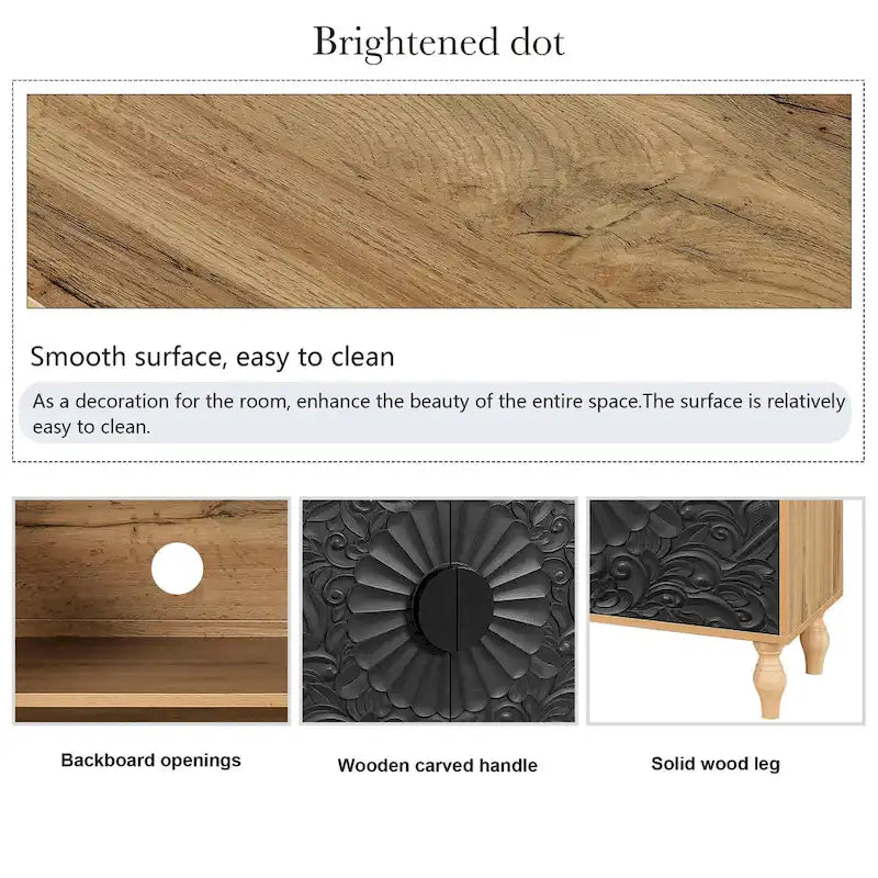 Black+Natural 62.99 Accent TV Stand with Carved Doors, Shelf, and Solid Wood Legs