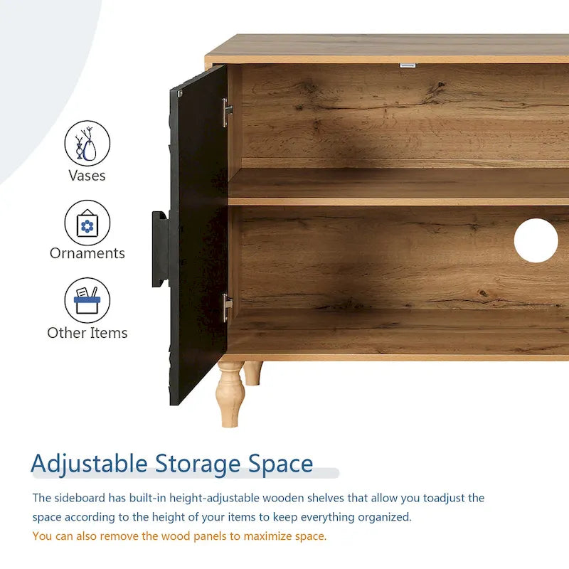 Black+Natural 62.99 Accent TV Stand with Carved Doors, Shelf, and Solid Wood Legs