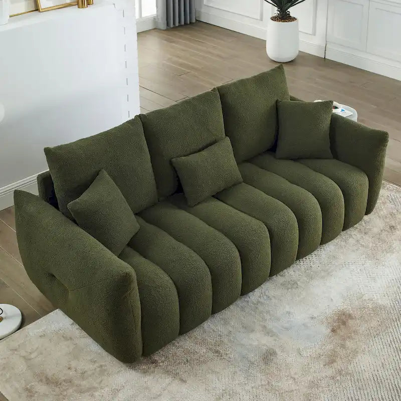 Green 82 Teddy Upholstered 3-Seater Sofa with 3 Back Pillows and Solid Wood Frame