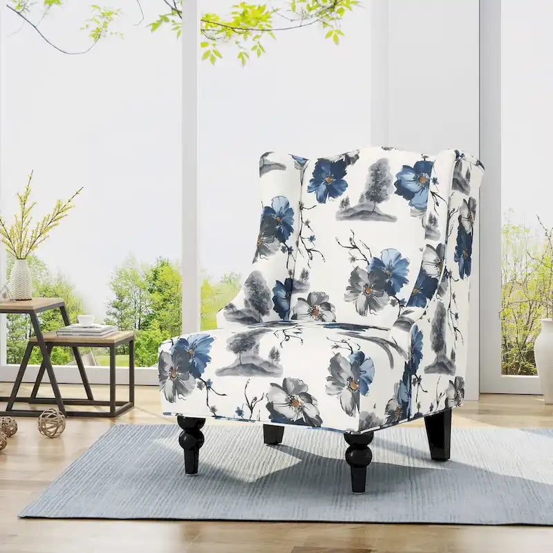 Beige +Blue Flower 28 High-Back Club Chair with Birch Legs