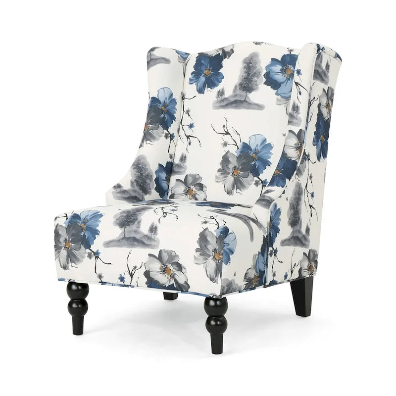 Beige +Blue Flower 28 High-Back Club Chair with Birch Legs