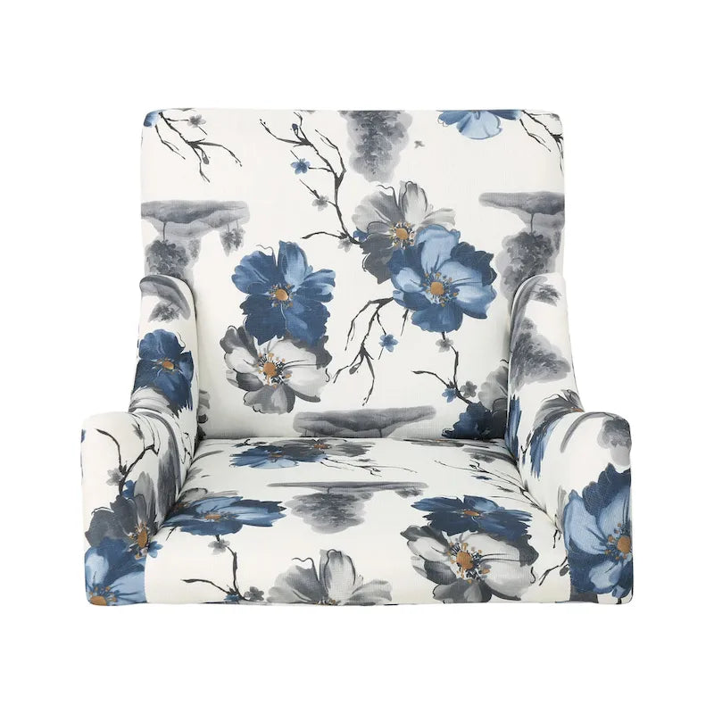 Beige +Blue Flower 28 High-Back Club Chair with Birch Legs