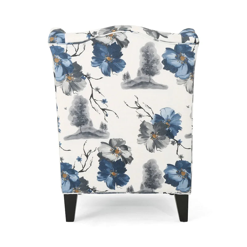 Beige +Blue Flower 28 High-Back Club Chair with Birch Legs