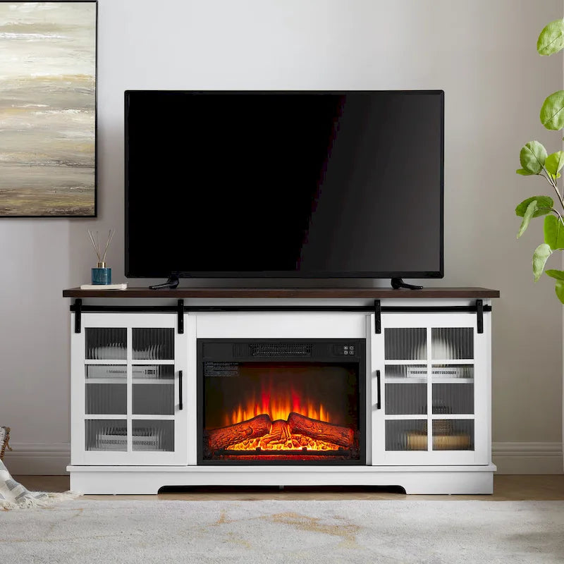 White 59.13 Fireplace TV Stand with Sliding Glass Doors and Storage Shelf for TVs Up to 65