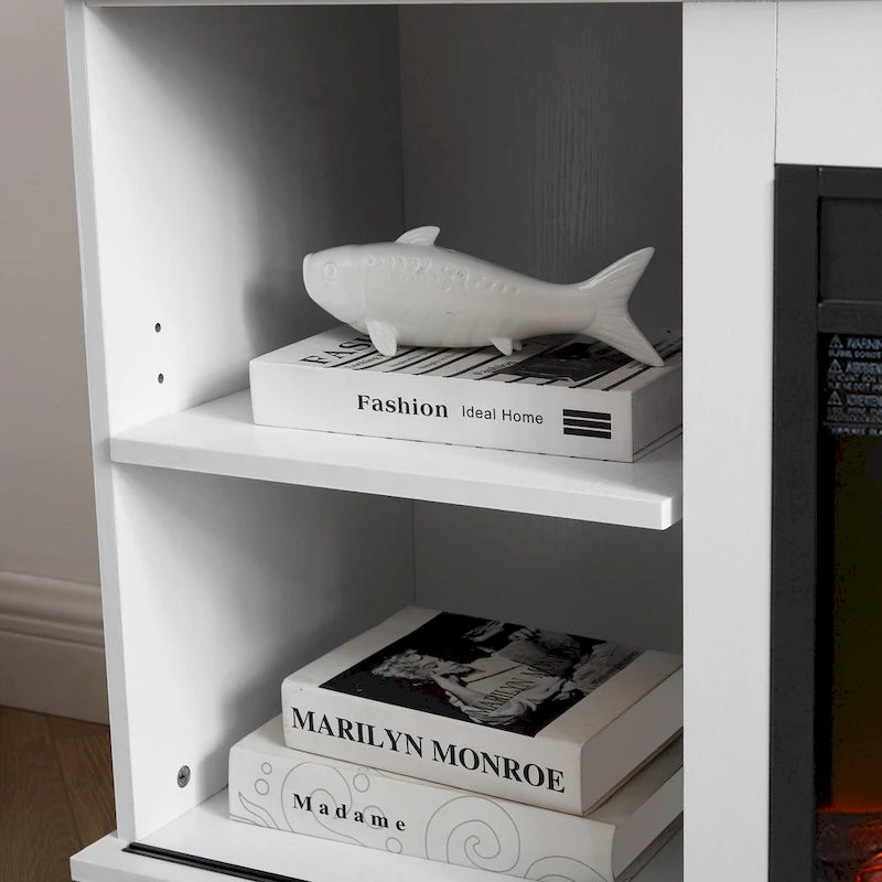 White 59.13 Fireplace TV Stand with Sliding Glass Doors and Storage Shelf for TVs Up to 65