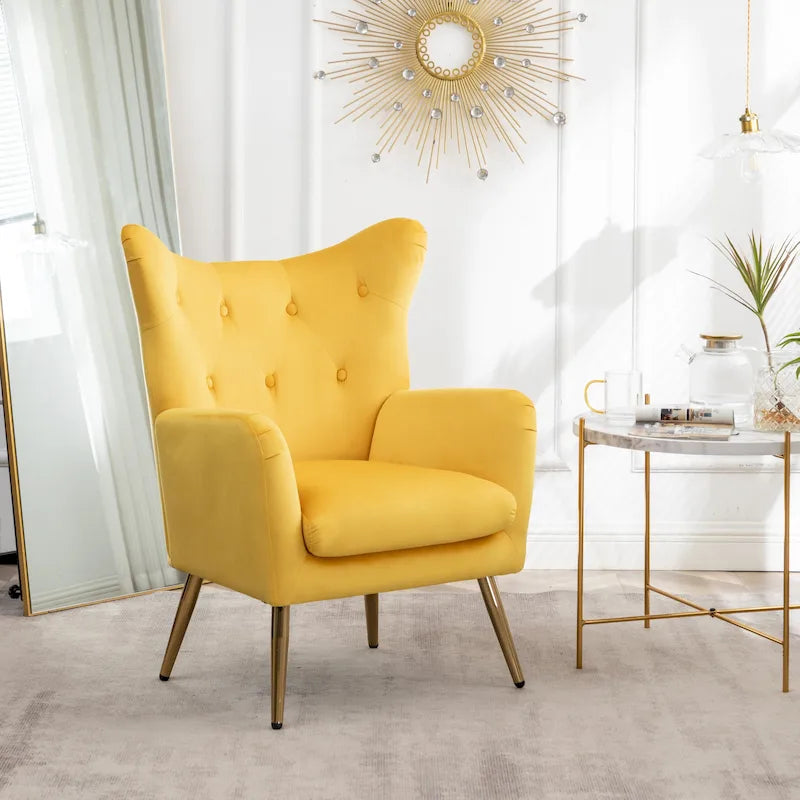 Yellow 30.25 Velvet Button Tufted Accent Chair with Gold Legs