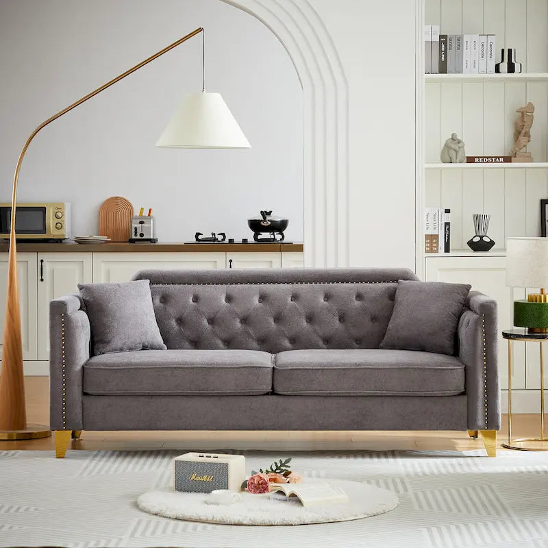 Grey 61.5 Chenille 3-Seater Tufted Sofa with Copper Nail Arms, 2 Pillows