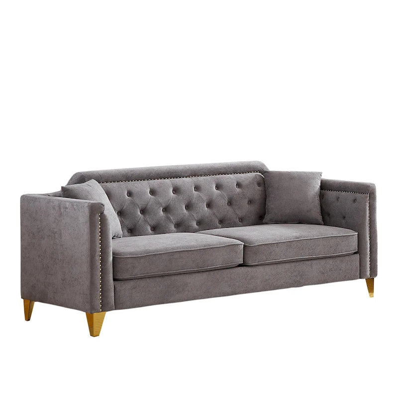 Grey 61.5 Chenille 3-Seater Tufted Sofa with Copper Nail Arms, 2 Pillows