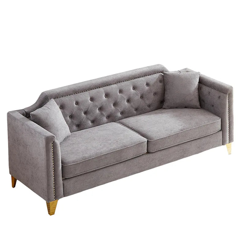 Grey 61.5 Chenille 3-Seater Tufted Sofa with Copper Nail Arms, 2 Pillows