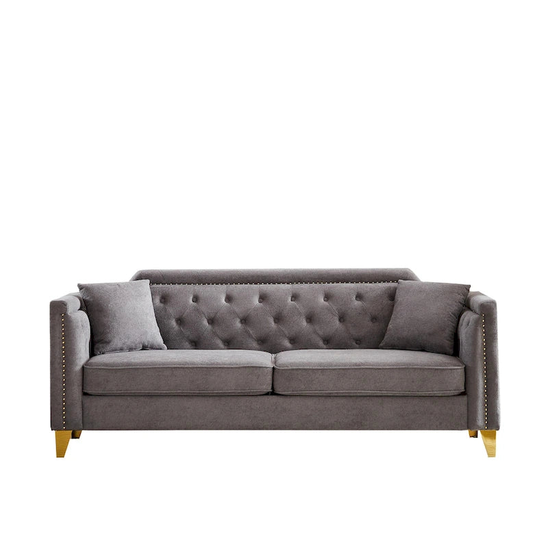 Grey 61.5 Chenille 3-Seater Tufted Sofa with Copper Nail Arms, 2 Pillows