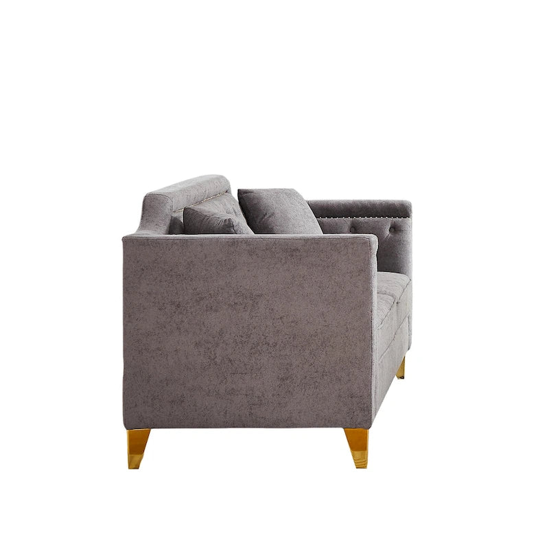 Grey 61.5 Chenille 3-Seater Tufted Sofa with Copper Nail Arms, 2 Pillows