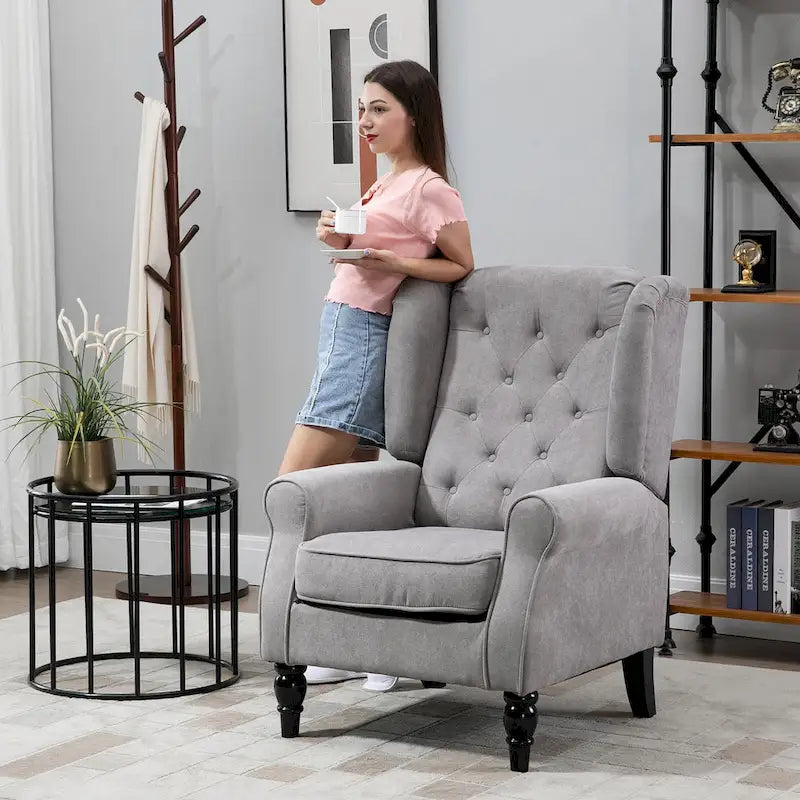 Button-Tufted Accent Chair with High Wingback, Rounded Cushioned Armrests and Thick Padded Seat, Grey