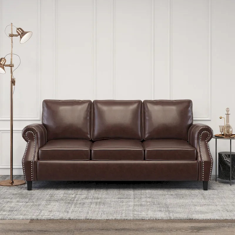 Dark Brown Modern 80 Faux Leather 3-Seater Sofa with Birch Wood Legs and Nailheads