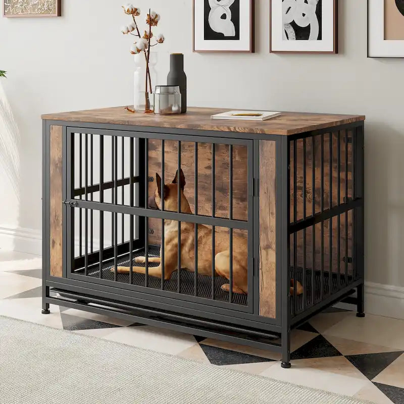 Dog Crate Furniture,Wooden Dog Crate Table,38.9 Dog Kennel with 2 Sliding Doors and Thick Iron Door Frame,Decorative Pet House