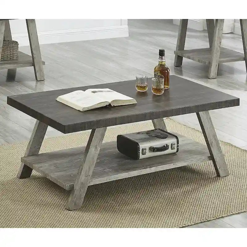 Contemporary Two-Tone Wood Shelf Coffee Table in Weathered for Living Room