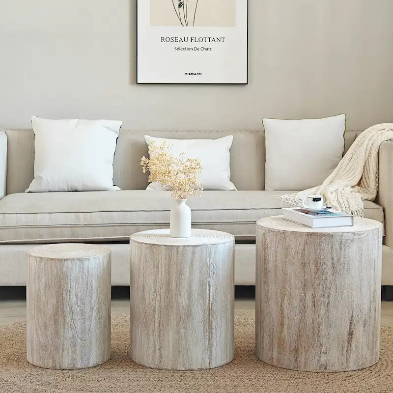 Set of 3 Rustic Wooden Coffee Tables with Distinctive Tree Ring Patterns - Perfect for Living Room