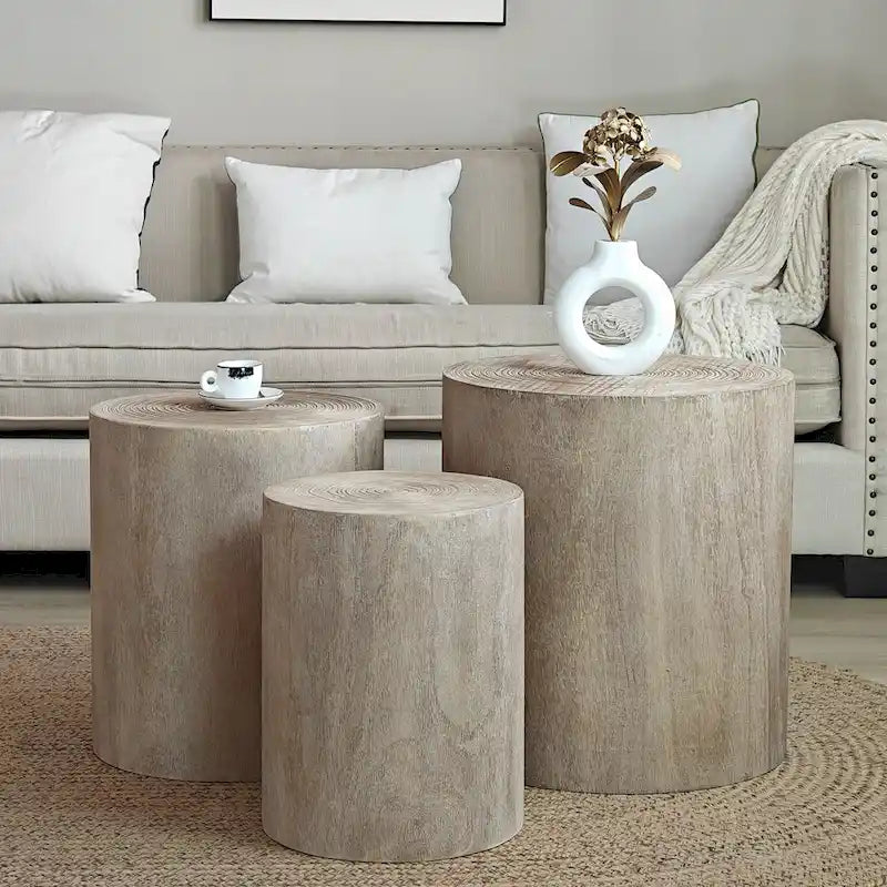 Set of 3 Rustic Wooden Coffee Tables with Distinctive Tree Ring Patterns - Perfect for Living Room