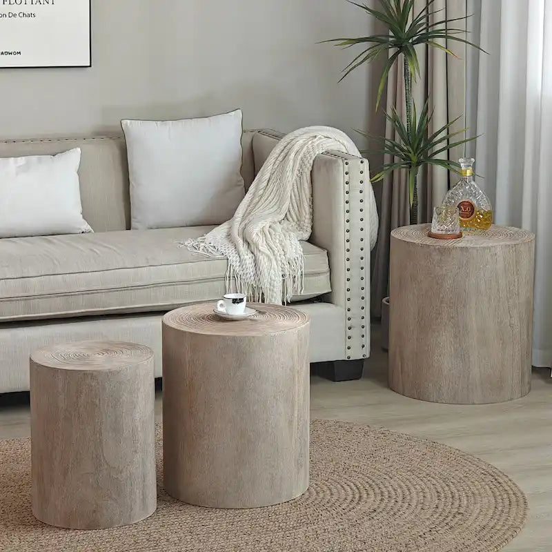 Set of 3 Rustic Wooden Coffee Tables with Distinctive Tree Ring Patterns - Perfect for Living Room