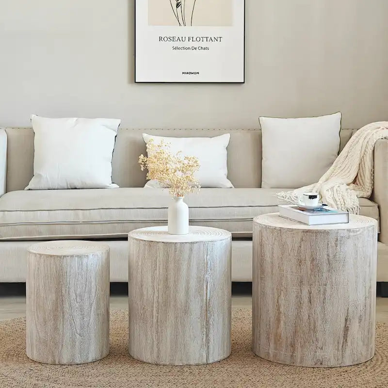 Set of 3 Rustic Wooden Coffee Tables with Distinctive Tree Ring Patterns - Perfect for Living Room