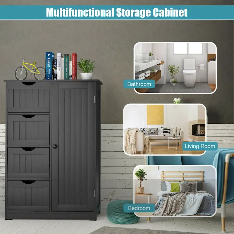 Costway Wooden 4 Drawer Bathroom Floor Cabinet Storage Cupboard 2