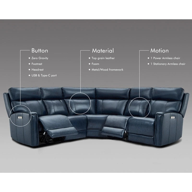Genuine Leather Power Recliner Sectional Sofa with Ajustable Headrest, Dual Power, USB&USB-C Port