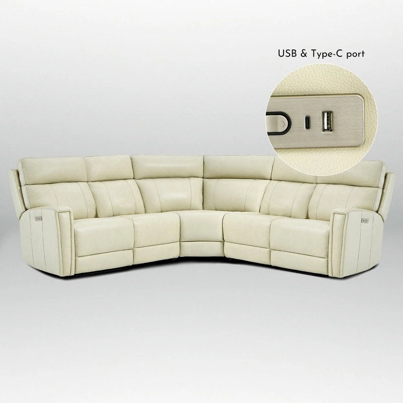 Genuine Leather Power Recliner Sectional Sofa with Ajustable Headrest, Dual Power, USB&USB-C Port
