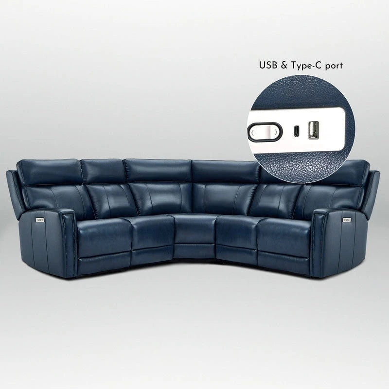 Genuine Leather Power Recliner Sectional Sofa with Ajustable Headrest, Dual Power, USB&USB-C Port
