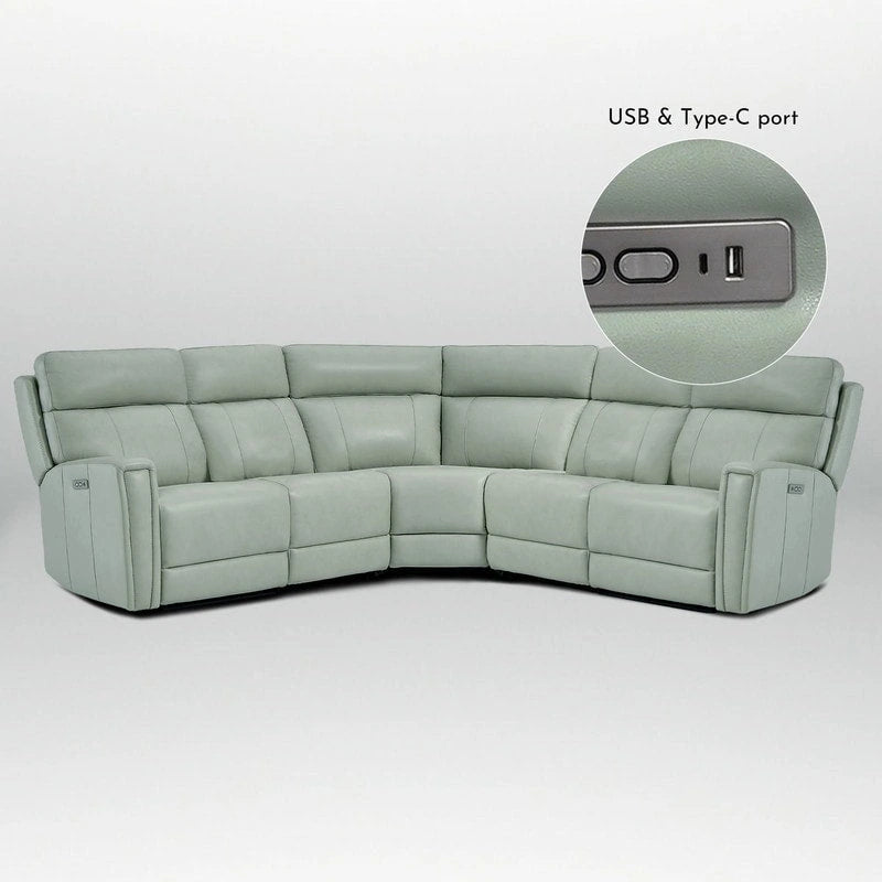 Genuine Leather Power Recliner Sectional Sofa with Ajustable Headrest, Dual Power, USB&USB-C Port