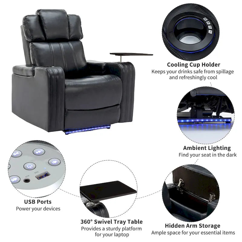 PU Leather Power Recliner Individual Seat Home Theater Recliner with Cooling Cup Holder, Bluetooth Speaker, LED Lights,USB Ports