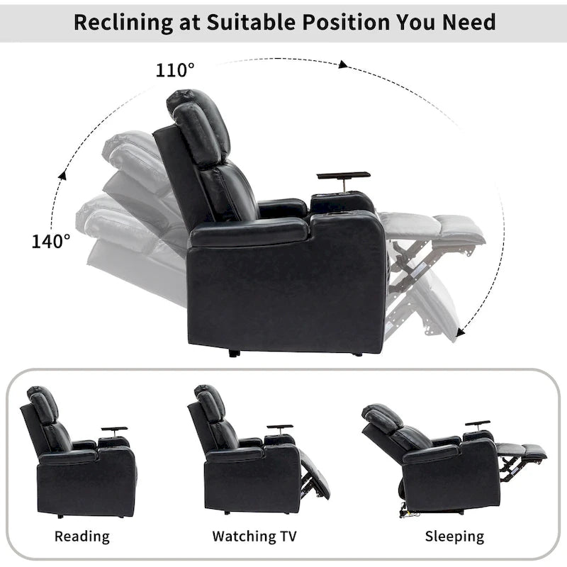 PU Leather Power Recliner Individual Seat Home Theater Recliner with Cooling Cup Holder, Bluetooth Speaker, LED Lights,USB Ports