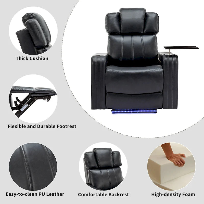 PU Leather Power Recliner Individual Seat Home Theater Recliner with Cooling Cup Holder, Bluetooth Speaker, LED Lights,USB Ports