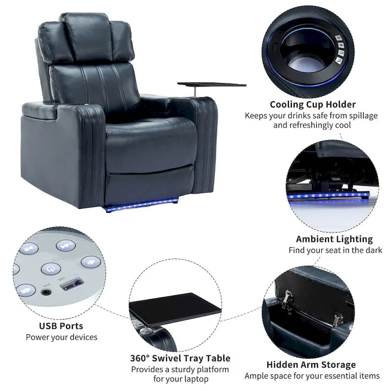 PU Leather Power Recliner Individual Seat Home Theater Recliner with Cooling Cup Holder, Bluetooth Speaker, LED Lights,USB Ports