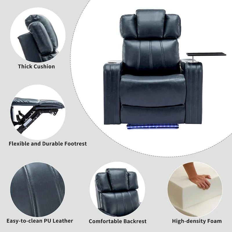 PU Leather Power Recliner Individual Seat Home Theater Recliner with Cooling Cup Holder, Bluetooth Speaker, LED Lights,USB Ports
