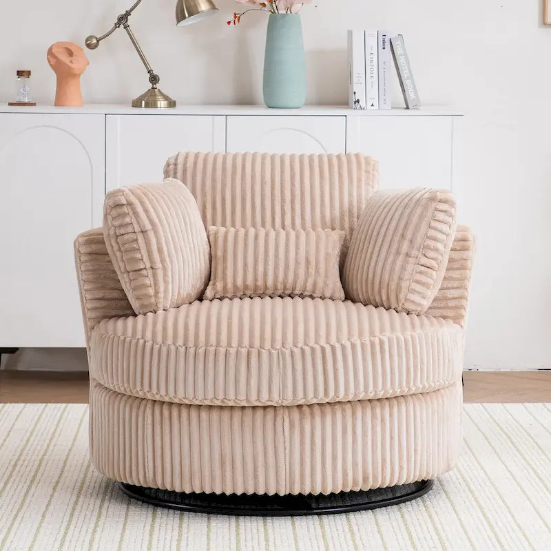Oversized 360 Degreed Swivel Accent Chair Modern Soft Plush Corduroy Round Barrel Chair for Living Room Bedroom with Pillows