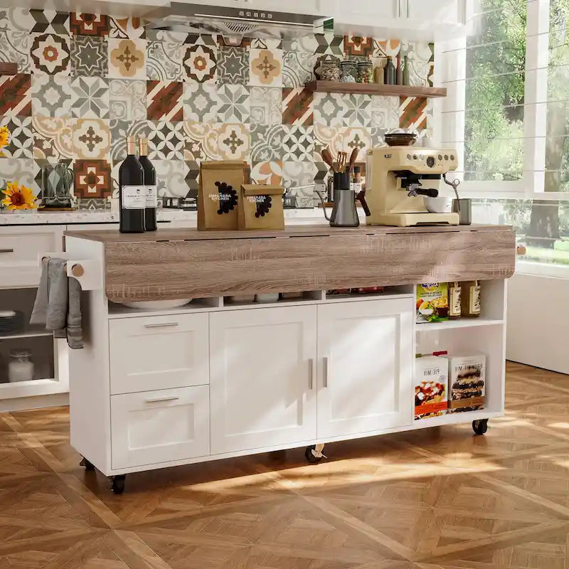 Rolling Kitchen Island Cart with Flip-Top Table, 2 Drawers, 2 Cabinets, and Towel Rack Buffet Sidboard