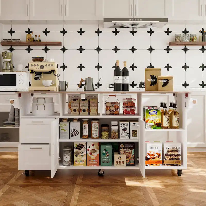 Rolling Kitchen Island Cart with Flip-Top Table, 2 Drawers, 2 Cabinets, and Towel Rack Buffet Sidboard