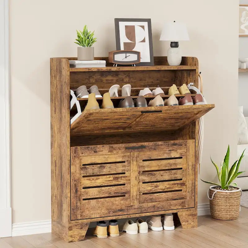 Shoe Cabinet Storage for Entryway, Narrow Shoe Cabinet with 2 Flip Drawers, Freestanding Hidden Shoe Organizer Cabinet