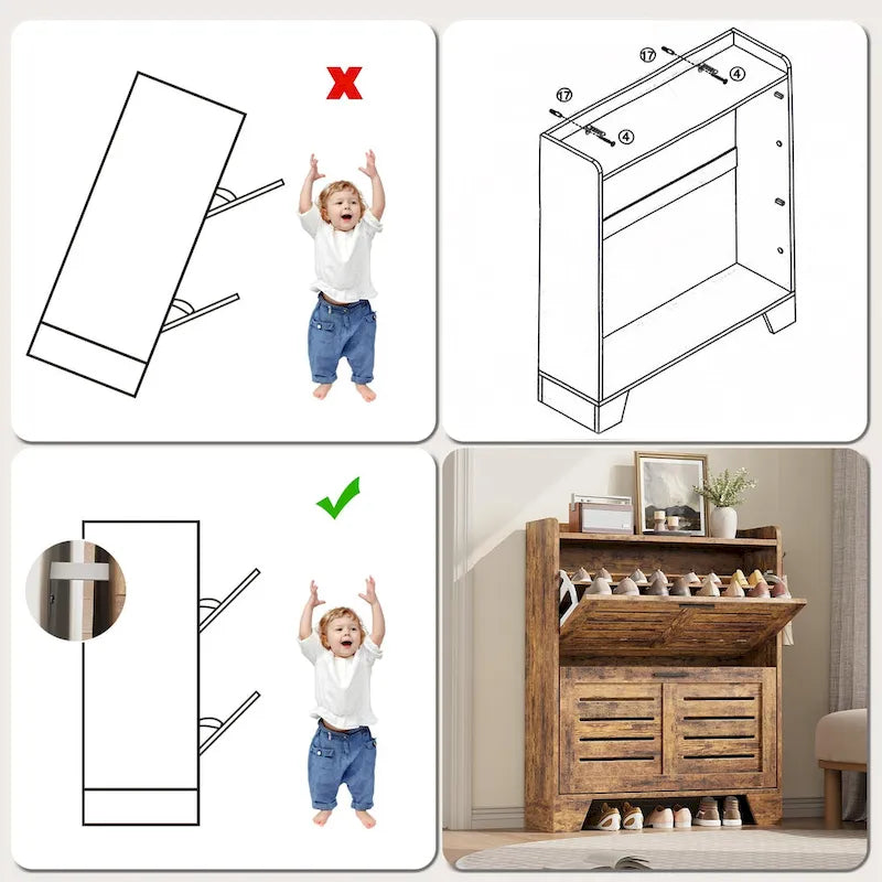 Shoe Cabinet Storage for Entryway, Narrow Shoe Cabinet with 2 Flip Drawers, Freestanding Hidden Shoe Organizer Cabinet