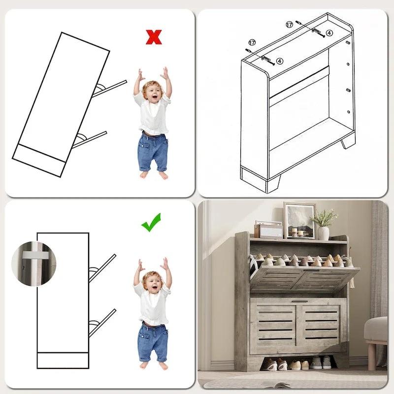 Shoe Cabinet Storage for Entryway, Narrow Shoe Cabinet with 2 Flip Drawers, Freestanding Hidden Shoe Organizer Cabinet