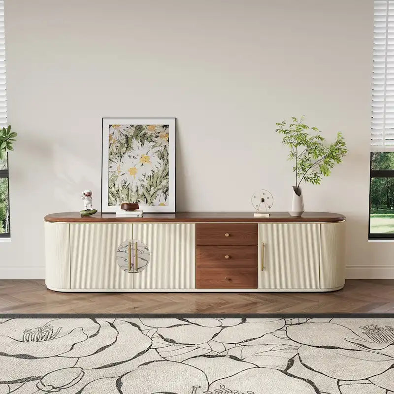 78.74 Mid-Century TV Stands, Brown Solid Wood Veneer, Media Console With 5 Cabinets,3 Drawers, Beige,Fully Assembled - 78.74