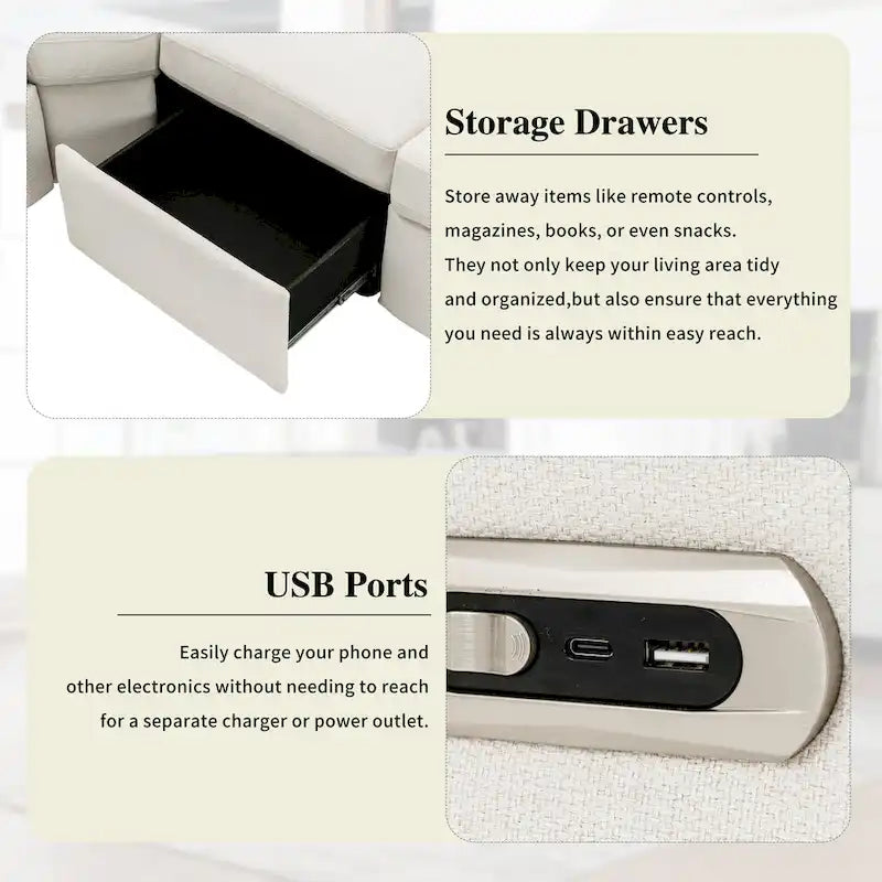 Power Recliner Sectional Sofa with 2 Storage Drawers and USB Ports Living Room L-Shaped Corner Couch for Home Theater