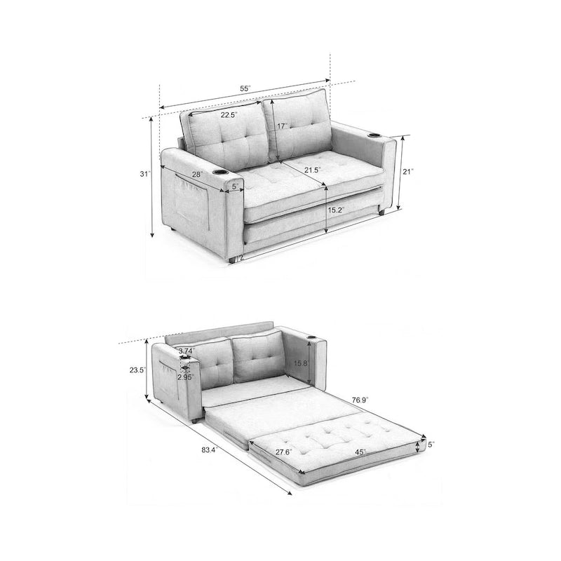 3-In-1 Upholstered Futon Sofa Convertible Floor Sofa Bed