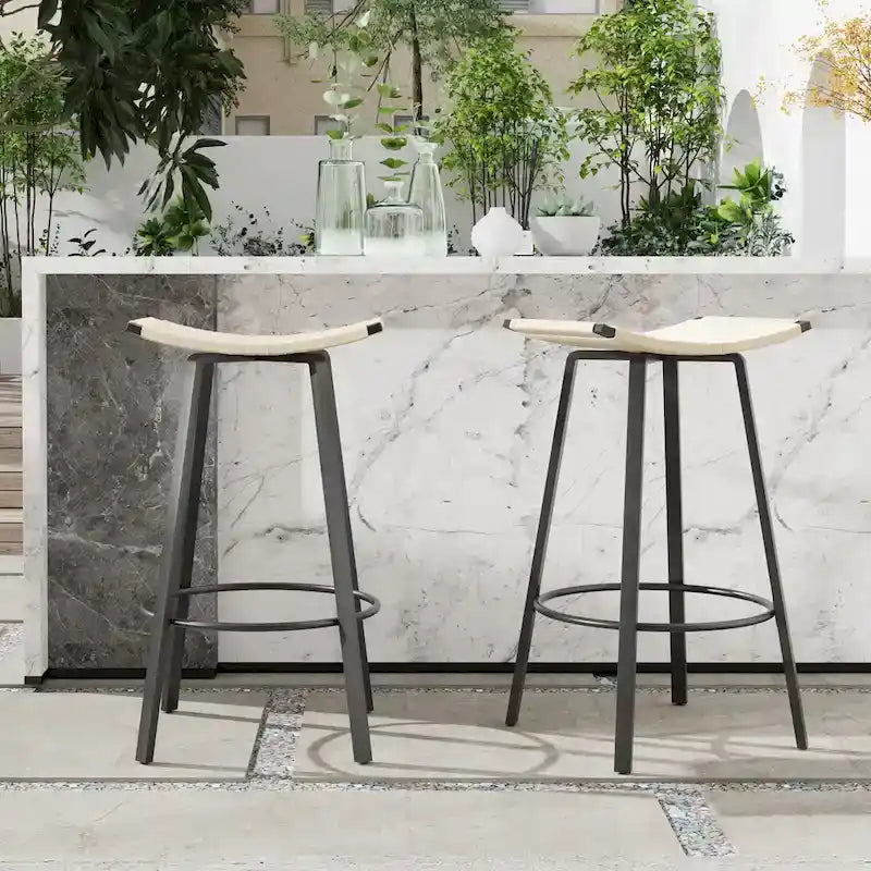 Counter Height Bar Stools, Backless Handwoven Kitchen Dining Chairs with Round Footrest Set of 2 PVC Weaving Pub Stool
