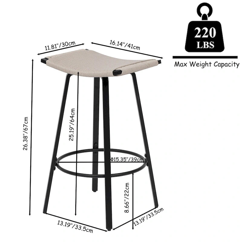 Counter Height Bar Stools, Backless Handwoven Kitchen Dining Chairs with Round Footrest Set of 2 PVC Weaving Pub Stool
