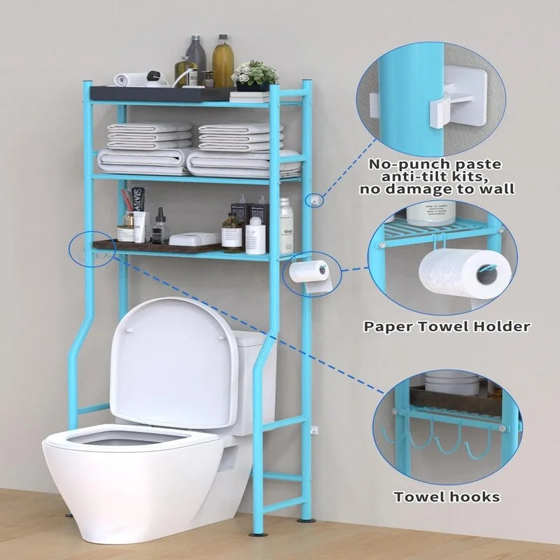 3-Tier Over The Toilet Storage, Freestanding Metal Bathroom Shelves with 4 Hooks, Over Toilet Storage Shelf with Paper Holder