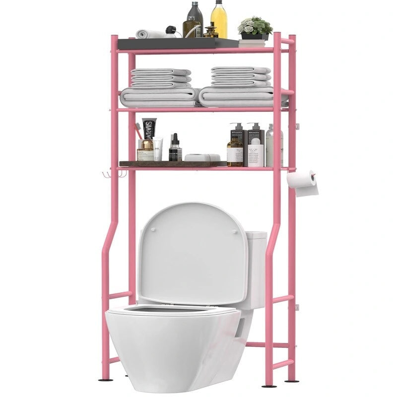 3-Tier Over The Toilet Storage, Freestanding Metal Bathroom Shelves with 4 Hooks, Over Toilet Storage Shelf with Paper Holder